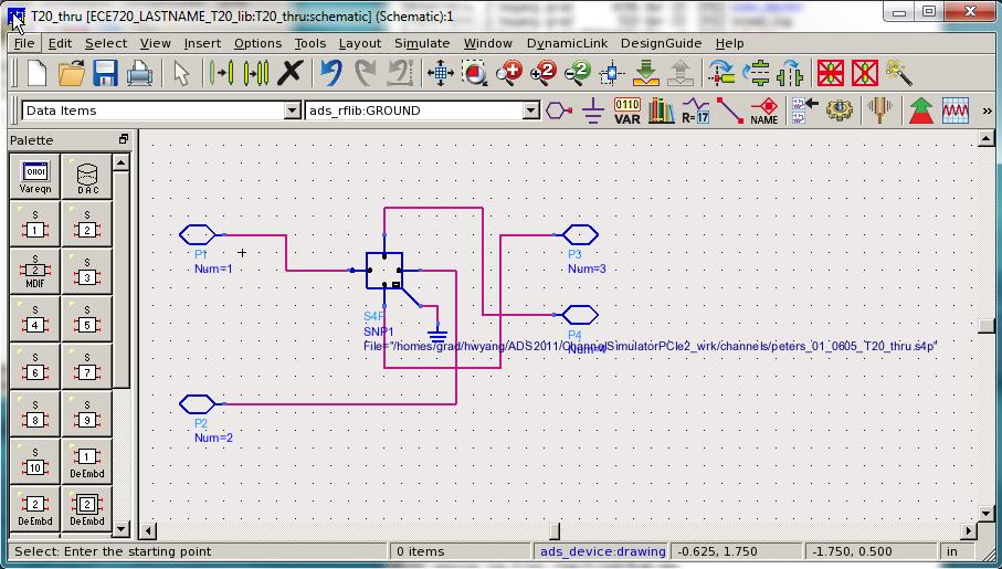 8 The first cell in this example includes a schematic and a symbol. This cell is used for importing S-parameter for the 20 backplane forward channel. Import peters_01_0605_t20_thru.