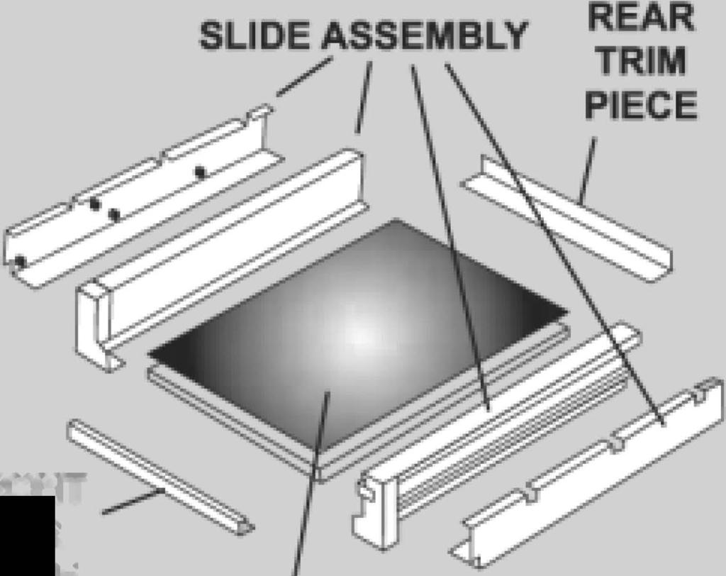 SuperSlide consists of seven component parts, 2 (left and right) base brackets, 2 (left and right) slide assemblies, 1 front LI-channel*, 1 rear L-bracket*, 1 deck (constructed of 3/4" plywood and