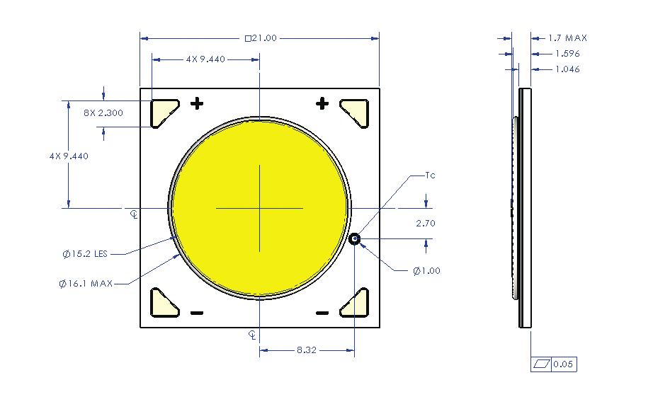 Mechanical Dimensions Figure 9: Drawing for V15 LED Array Notes for Figure 9: 1. Solder pads are labeled + and - to denote positive and negative polarity, respectively.