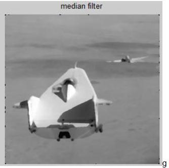 c) Image after median (3x3) filter. d) Image after median (4x4) filter. e) Image after median (5x5) filter.