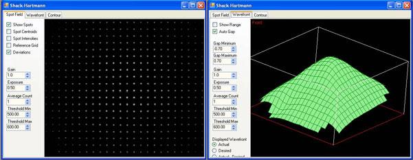 Figure 2: Two Shack-Hartmann wavefront sensor screen captures are shown: the spot field (left-hand frame) and the calculated wavefront based on that spot field information (right-hand frame).