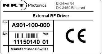 3 Labeling Item The Item label provides information about: the manufacturer of the system (NKT Photonics, Blokken 84, DK-3460 Birkerød) a short name