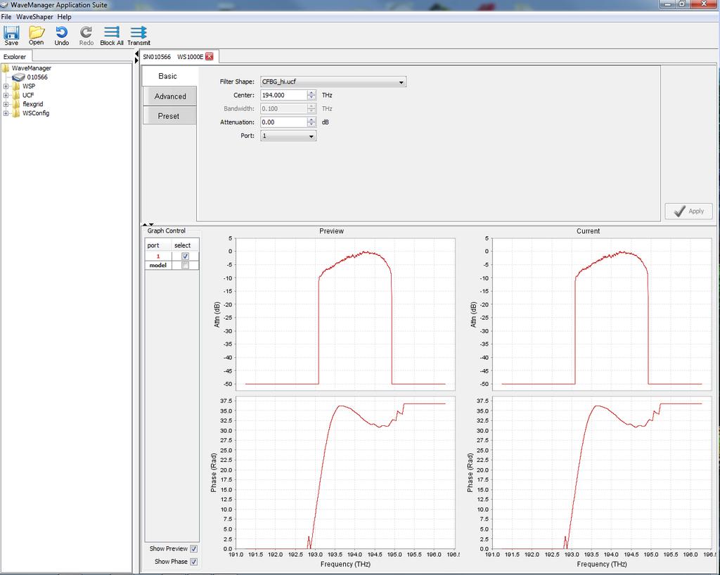 Finisar software Figure E.0-2: Commercially available Finisar software to control the optical Finisar spectral wave processor.
