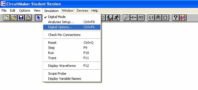 10. Use the Digital Options dialog box to control the size of a step when running the simulation in single step mode, to set the conditions for break points and to set the simulation speed.