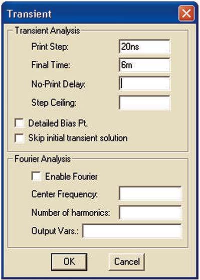 As soon as the TRANSIENT window is complete, simulate the circuit by selecting Simulate from the Analysis menu. Figure 6. The ANALYSIS SETUP window. Figure 7. The TRANSIENT window.