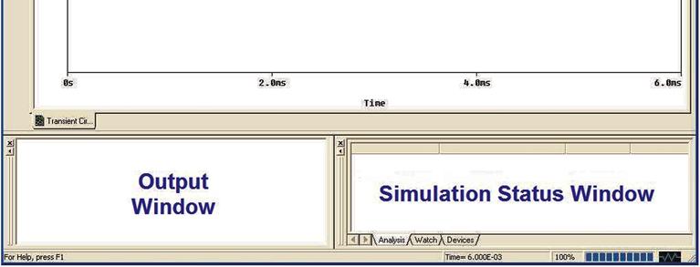 PSPICE about the success or failure of the simulation. Run-time information about the simulation appears in the simulation status window. Here we will focus on the main display window.