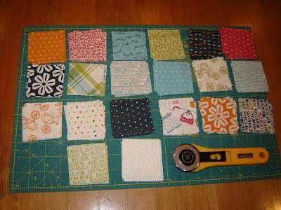 From the remaining layer cake pieces, cut 96-2 1/2 inch squares for your