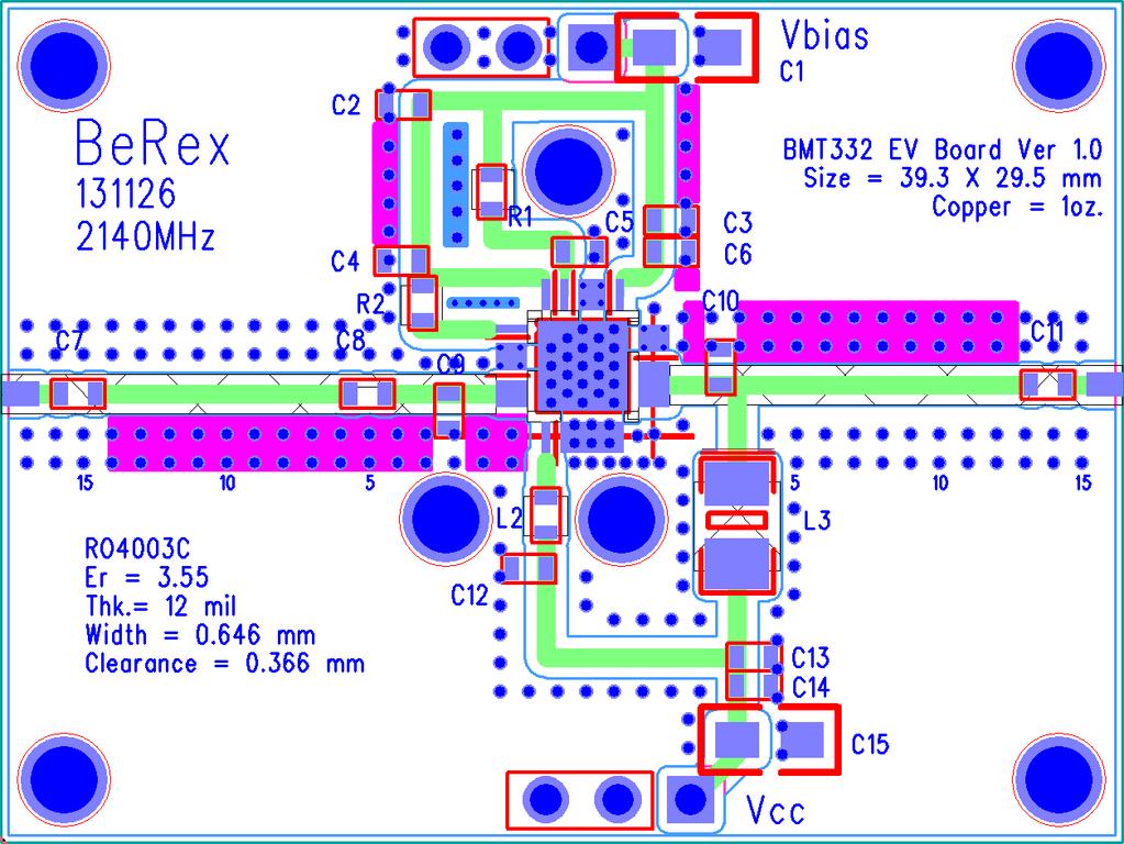 Application Circuit: 2140 MHz Schematic Diagram BOM Marks C1 1206 10uF Tantalum C2 0603 N/A C3 0603 1nF C4 0603 1nF C5 0603 1nF C6 0603 3pF C7 0603 0 Ω ±5% C8 0603 3pF C9 0603 2.7pF C10 0603 3.