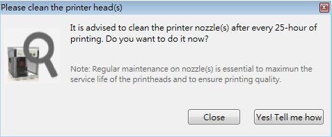 After every 25 hours of printing interval, XYZware pops up a reminder as shown below.