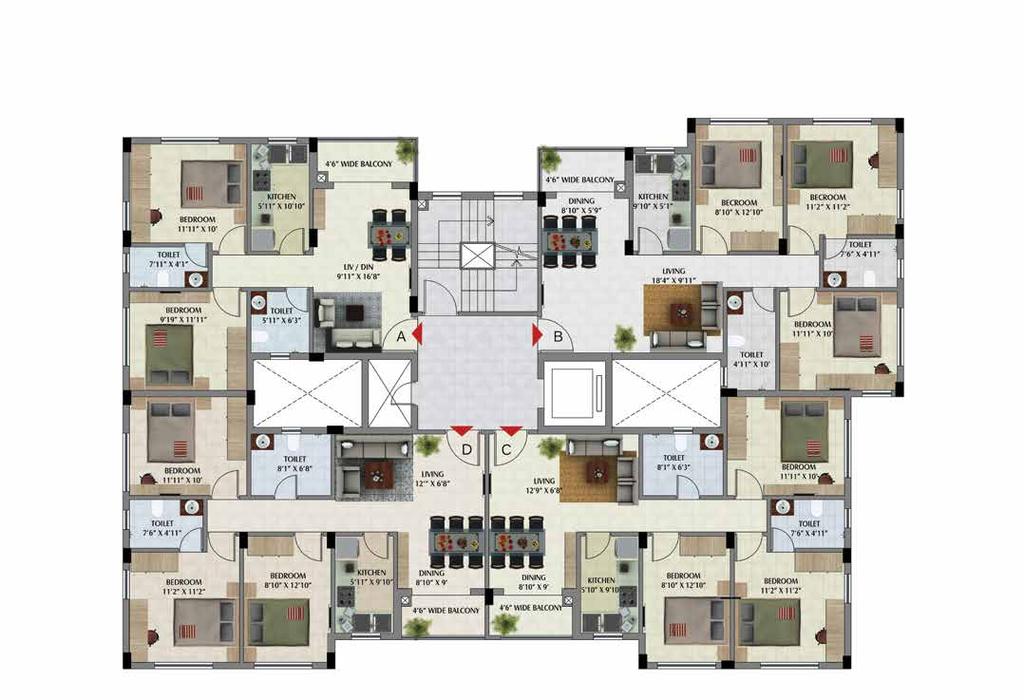 Chargeable Area Flat A 2 BHK 716 895 Flat B 3 BHK 928 1160 Flat C 3 BHK 902 1128 Flat D 3 BHK