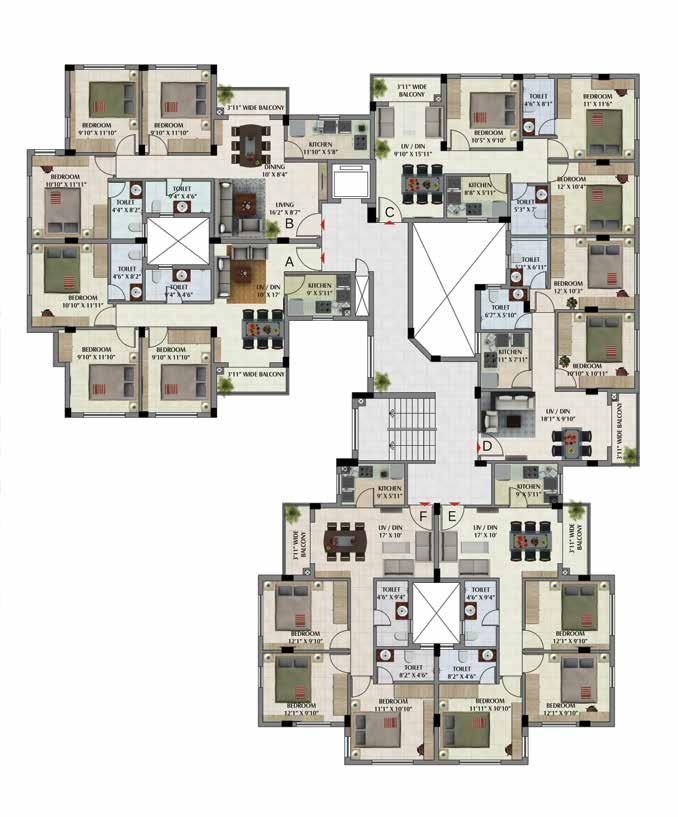 3 BHK 826 1033 Flat D 2 BHK 723 904 Typical Floor Plan 1st to 4th floor BLOCK 3 Flat C 3 BHK 902 1128