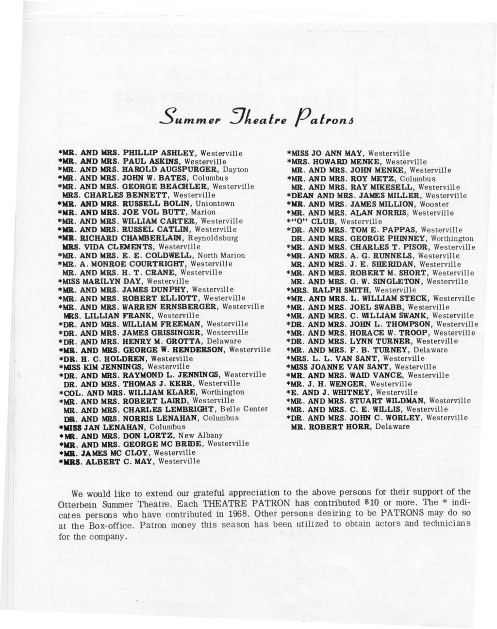 Summer :Jhealre P alron6 MR. AND MKS. PHILLIP ASHLEY, Westerville *MR. AND MRS. PAUL ASKINS, Westerville *MR. AND MRS. HAROLD AUGSPURGER, Dayton *MR. AND MRS. JOHN W. BATES, Columbus *MR. AND MRS. GEORGE BEACHLER, Westerville MRS.