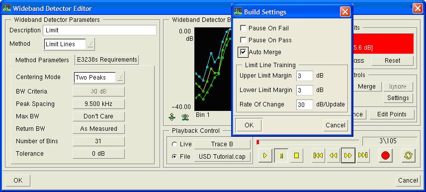 Tutorial: How to Build a USD Signal Detector The fastest method of building limit lines is to use auto merge. Try this: 3 2 4 5 1 1. Rewind the file. 2. Click the Build Control Settings button. 3. In the Build Settings dialog box, select Auto Merge.