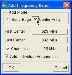 USD Design Window Frequency Plan Add Band Click Add Band to bring up the Add Frequency Band dialog box. You can enter the frequency band using either band edge frequencies or center frequencies.