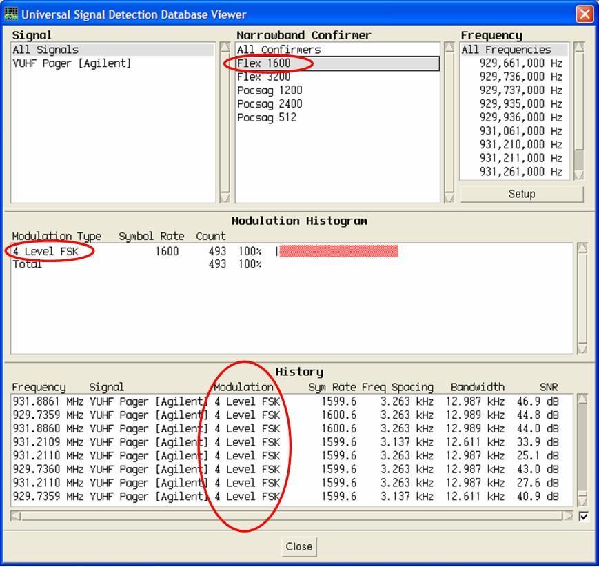 Universal Signal Database The following image shows the Universal Signal Detection Database Viewer after selecting the Flex 1600 Narrowband Confirmer.