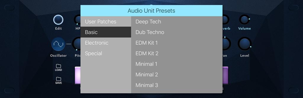 2.3. Saving and Exporting AU Presets Synth settings can be saved and loaded from inside the Audio Unit plugin.