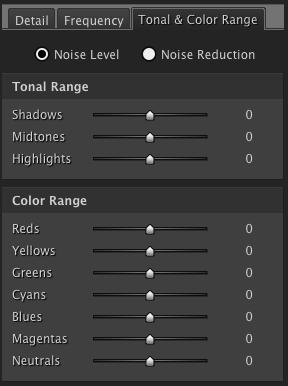 Advanced Use Tonal & Color Range The Tonal Range controls set the noise level and the noise reduction amount in shadows, mid-tones and highlights.