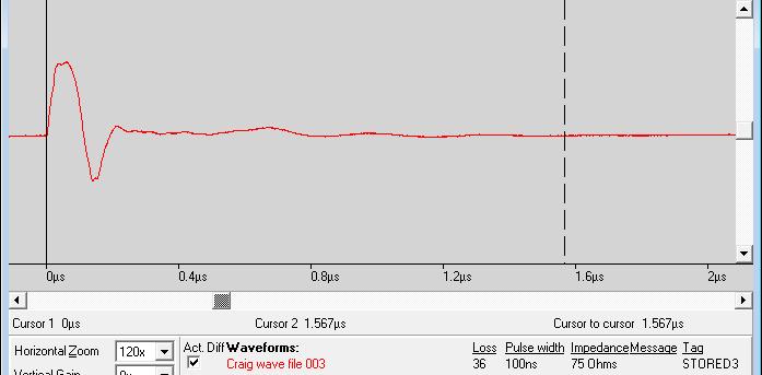 EPR 5kV Cable (~2000 ft) -100nS pulse of about 12V injected - shows no reflection from far end.