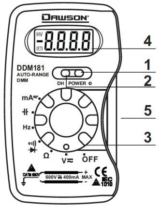 Figures and Components Buttons and Components 1. SELECT Button Select DC/AC in different modes 2. HOLD Button Data hold. 3.