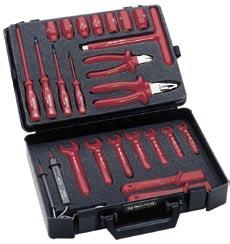VDE TOOL SETS 85O AND 86O Safety tools at hand in a plastic case Description: Black plastic case made from fracture-proof ABS material. The tools are clearly arranged in foamed plastic recesses.