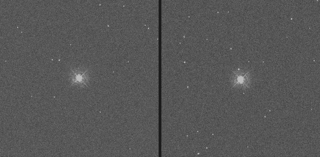 Fig. 4. Two standard star subarray images in F336W taken with commanded A shutter (left) and nominal A shutter (right), radial profiles of which are shown in the next figure. ic5za0ozq_flt.