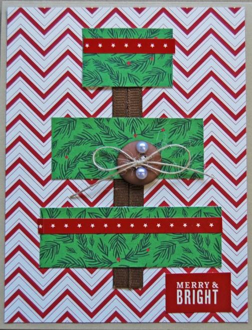 This is your card base 2. Cut 1 ¾ x 4 ¼ piece from Kringle & Co. (red cross stitched pattern) 3. Cut 3 ¾ x 4 ¼ piece from Kringle & Co. (green dot pattern) paper. Do not adhere yet. 4. Cut a 12 piece of brown ribbon and tie around green dot paper piece.