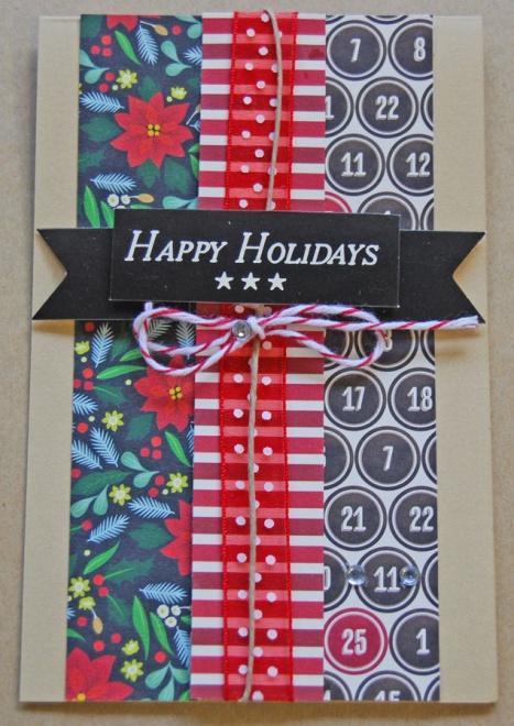 Tie red ribbon (this is the last time you ll need it) and piece of hemp around this small paper piece. Adhere paper piece to card. 6. Add Holly Jolly dimensional sticker and rhinestones.