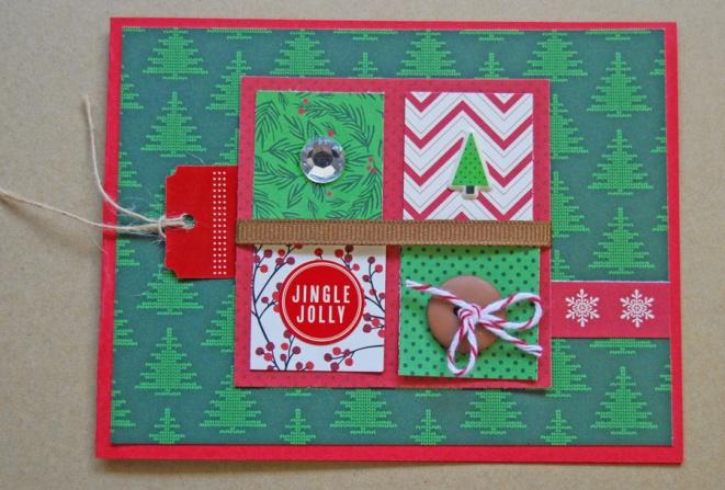 Look for it as a remnant along the top of the paper in the paper pad. Adhere over red strip on envelope. 8. Add tree matte puffy accent and Gather & Cheer for Christmas sticker to envelope. 9.