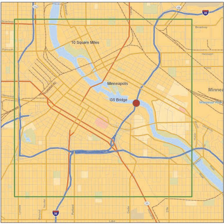 Exhibit 10 shows the area of the bridge disaster with a 10 square mile area that encompasses major highways surrounding the bridge. Traffic is modeled in the following manner.