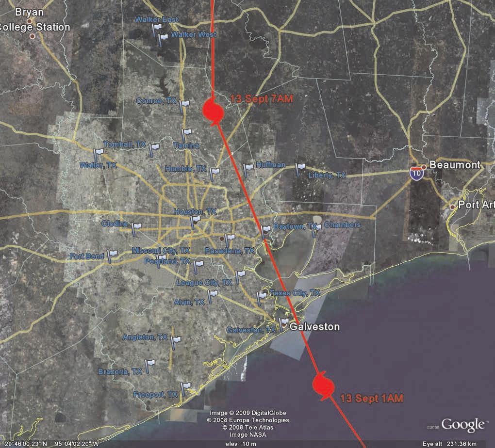 Exhibit 19 shows the locations of the Harris County Regional Radio System (RRS) tower sites, in relation to the path of Hurricane Ike.