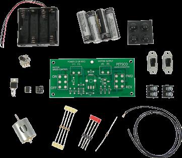 This kit provides a great exercise of intermediate soldering skills and creates a device that enables you to control various Pitsco motors, Tamiya gearboxes, and other DC motors.