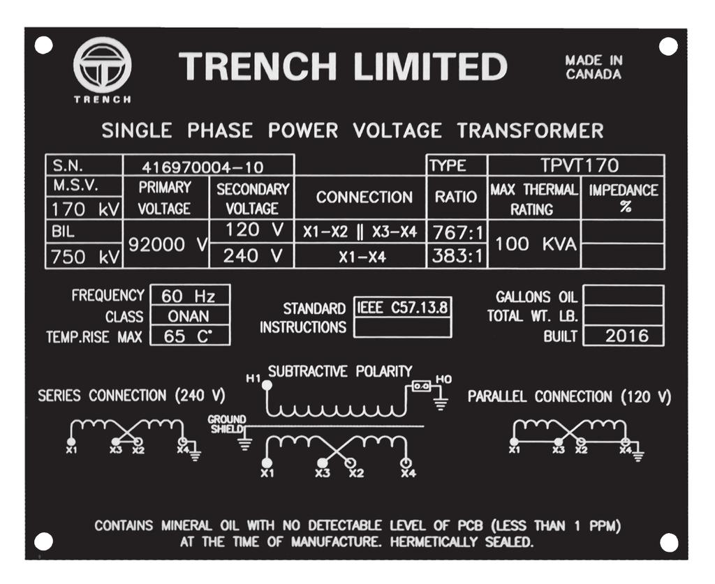 Standard Connections Power Connections (X1-X3-X2-X4) TPVT Nameplate Neutral Bushing Terminal Box