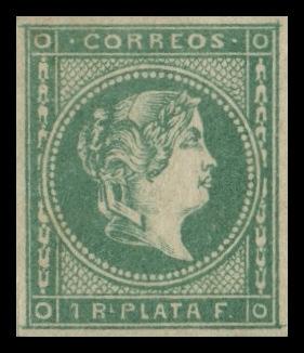 CORREOS measures 10½mm; the point of the bust is round and is about 1mm from the circle which contains 94 pearls; lettering in Roman Captials.