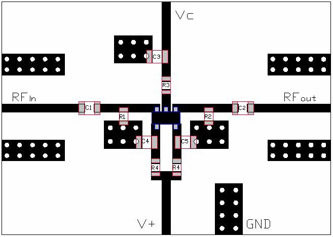 C3 Vc R3 C1 HSMP-3866 C2 RFin RFout R1 R4 R 4 R2 C4 C5 V+ Figure 2. Circuit Board Layout. Component Value R1, R2 620 W R3 390 W R4 2200 W C1 - C5 10 nf Figure 1.