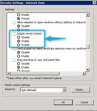Explorer options >> Security tab >> Custom level Change the value of the Display mixed content option