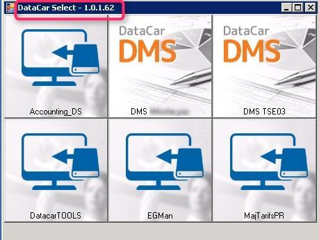 At right, example of the window that opens in offline mode, showing the version of DataCar Select: Caution: The connection information are saved only after the User has been connected at least once