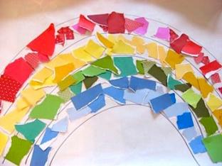 Torn Rainbows Materials: Paper scraps White construction paper Marker Glue stick Teacher prep: Gather red, orange, yellow, green, blue and purple paper