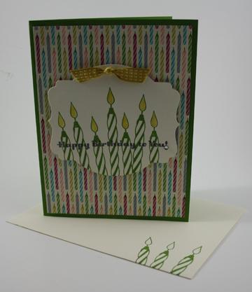 Card #2 Directions Candles 1. Fold card base in half and attach patterned paper with SNAIL. 2. Cut out second largest of the Deco Label Framelits out of Very Vanilla. 3.