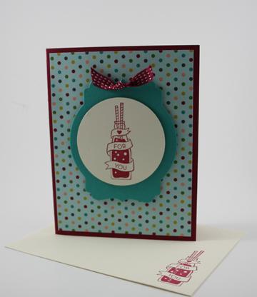 Card #3 Directions Soda Bottle 1. Fold card base in half and attach patterned paper with SNAIL. 2. Cut out second largest of the Deco Label Framelits out of Bermuda Bay and set aside. 3.