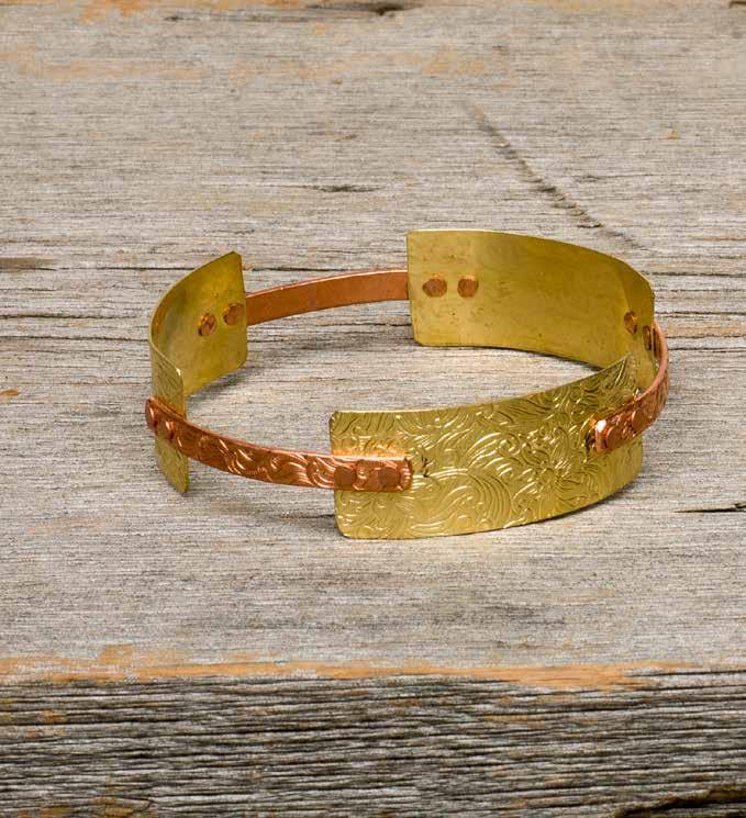 Patterned Bangle Combining patterned copper jewelry wire and patterned brass sheet stock proves to create an attractive bangle bracelet.