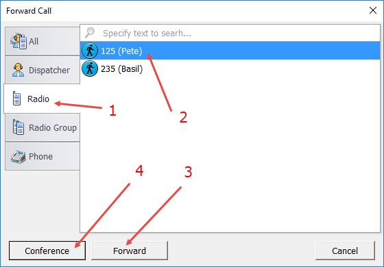 To forward an ongoing call to a radio (or, radio group), in the Forward Call dialog box that appears: 1. Click the Radio tab (or, Radio Group). 2. Select the radio (or, radio group). 3.