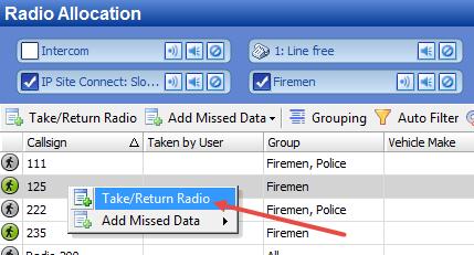 In the Radio Allocation pane, right-click the desired radio and choose Take/Return Radio.