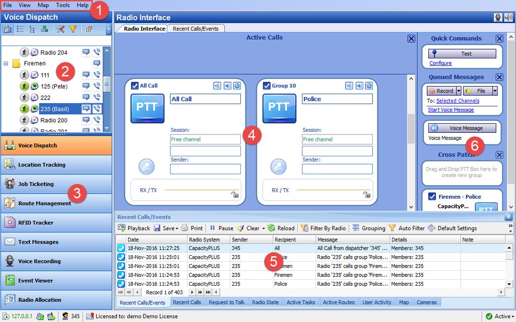2 Dispatch Console window When the TRBOnet Dispatch Console application is initially launched, the default Dispatch Console window will be displayed with the Voice Dispatch tab being active.