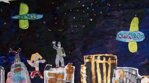 They students noticed that the artist Hundertwasser used sparkles in his art and decided to make the sky of their mural into a night sky with sparkly stars.