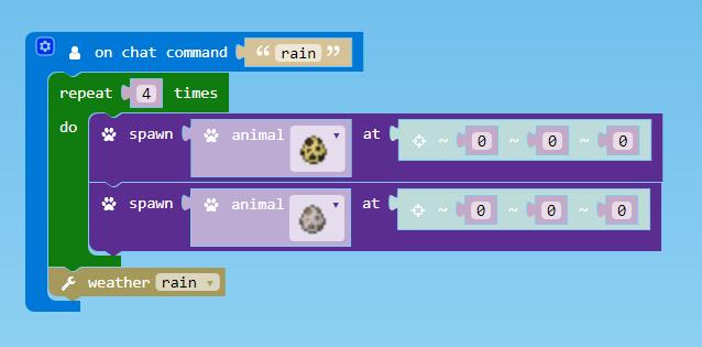 Step 14 Position the Repeat loop under the On Chat Command block, and drag the 2 Spawn Animal at Position blocks inside