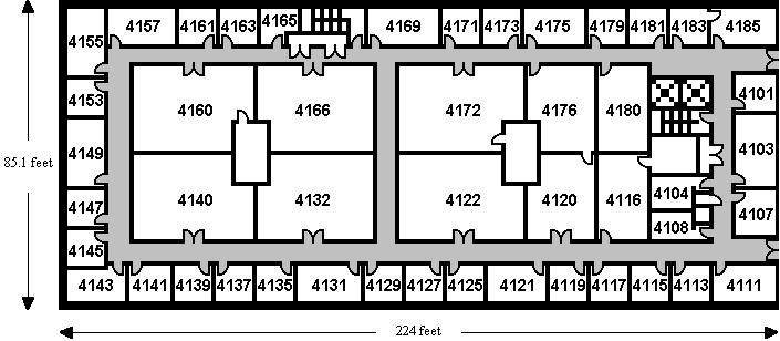 Figure 2. Plan of the floor where the experiment was conducted. Readings were collected in the corridors (shown in gray). For the Radar system (Figure 1.