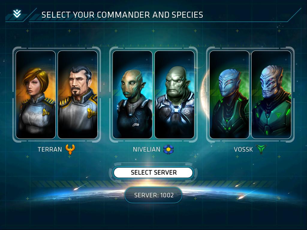 Starting New When you start the game for the first time you are presented with a screen to select your commander and species.