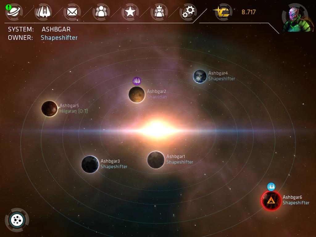 9. Commander Menu: provides an overview on your stats (level, ships, planets), items you own (blueprints, limit extenders, artifacts) and skills 10.