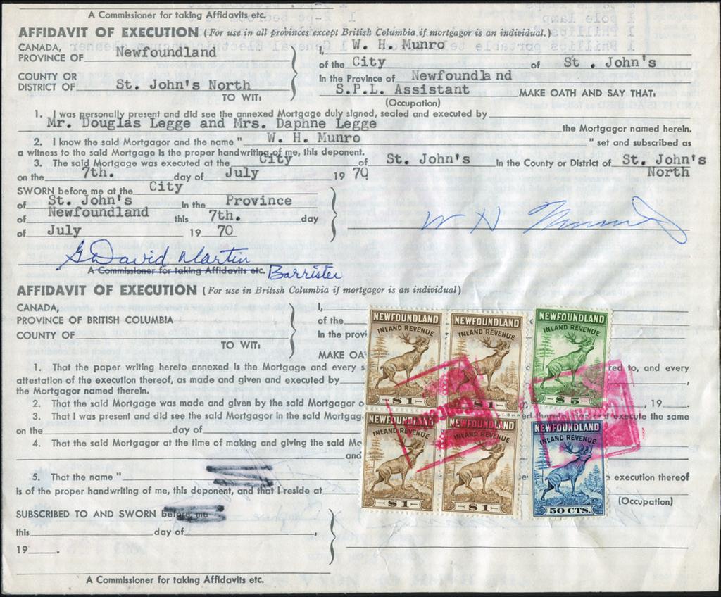 1970 Newfoundland Complete legal size document - Bank of Nova Scotia Chattel Mortgage For Clarity - only bottom half of document with revenue stamps shown.