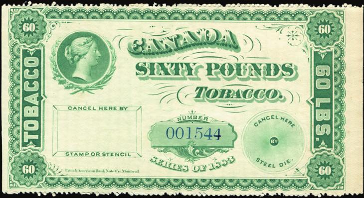 Tobacco stamps shown actual size unless noted otherwise. RM284a-M366* - 35 lbs green - short laurels, 5 mm control # with 10 coupons.